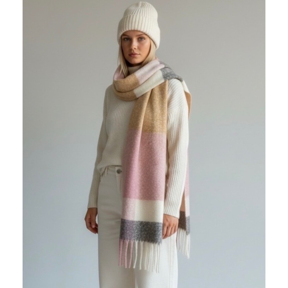 NEW Pink Tan Colorblock Oversized Blanket Scarf with Fringe OS Accessory